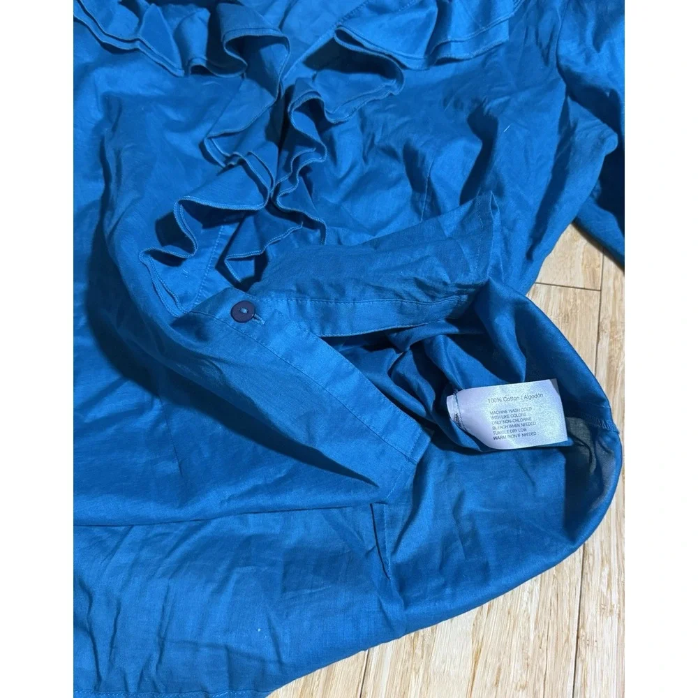 OSCAR DE LA RENTA blue cotton sleeveless ruffle front button blouse Size 12 $228